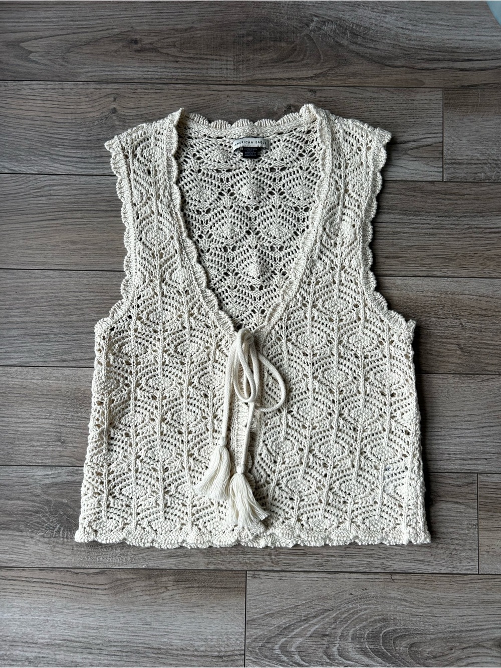 American Eagle Outfitters Cream Crochet Tie-Front Vest